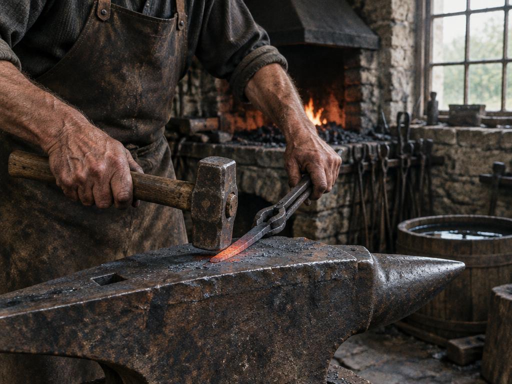 A blacksmith working at an anvil, the trade behind the surname Smith